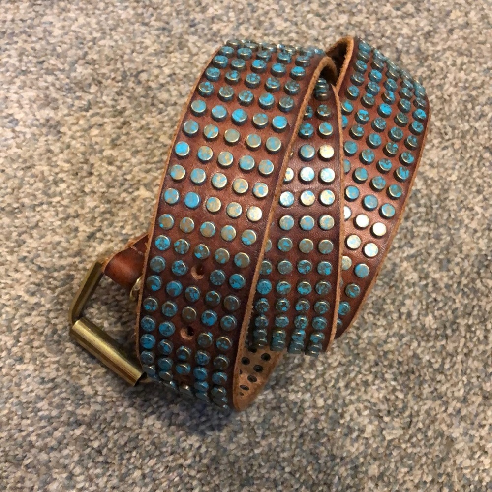 Sundance Brown Leather Studded Belt with Turquoise Studs